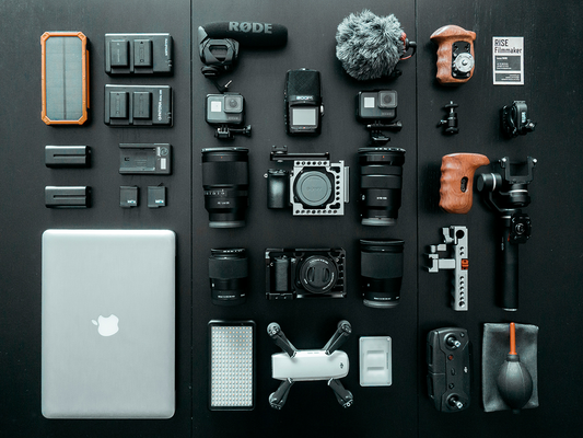 Camera equipment laid on a table