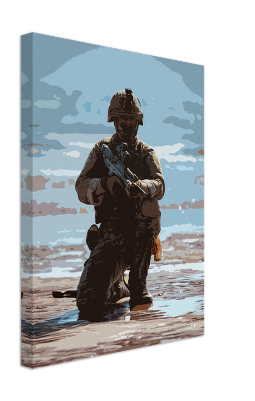 Royal Marines Commando kneeling on a beach artwork Print - Canvas - Framed Print - Hampshire Prints