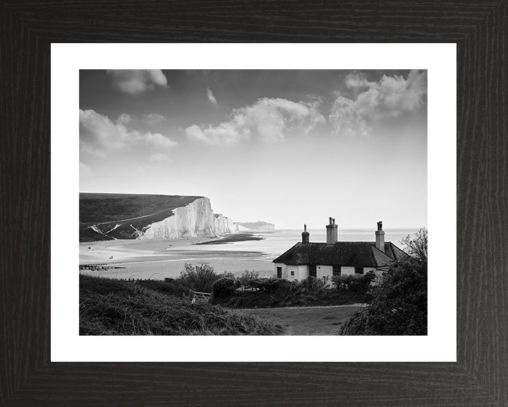 Seven Sisters cliffs and cottage East Sussex black and white Photo Print - Canvas - Framed Photo Print - Hampshire Prints