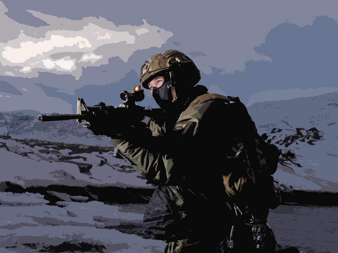 Royal Marines Commando aim his weapon artwork Print - Canvas - Framed Print - Hampshire Prints