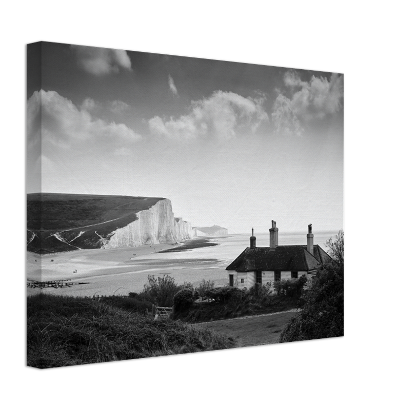 Seven Sisters cliffs and cottage East Sussex black and white Photo Print - Canvas - Framed Photo Print - Hampshire Prints