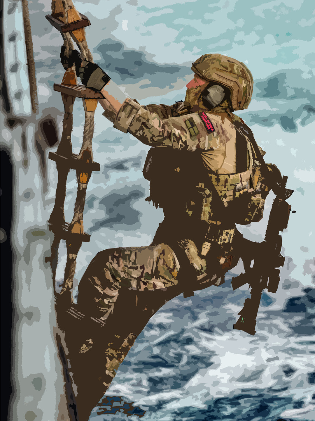 Royal Marines Commando climbing a rope ladder artwork Print - Canvas - Framed Print - Hampshire Prints