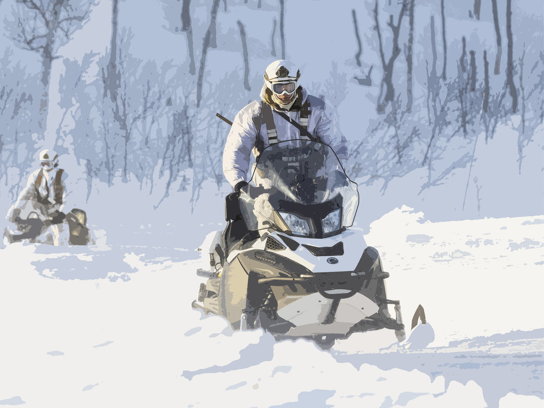 Royal Marines Commando riding a Snowmobile artwork Print - Canvas - Framed Print - Hampshire Prints
