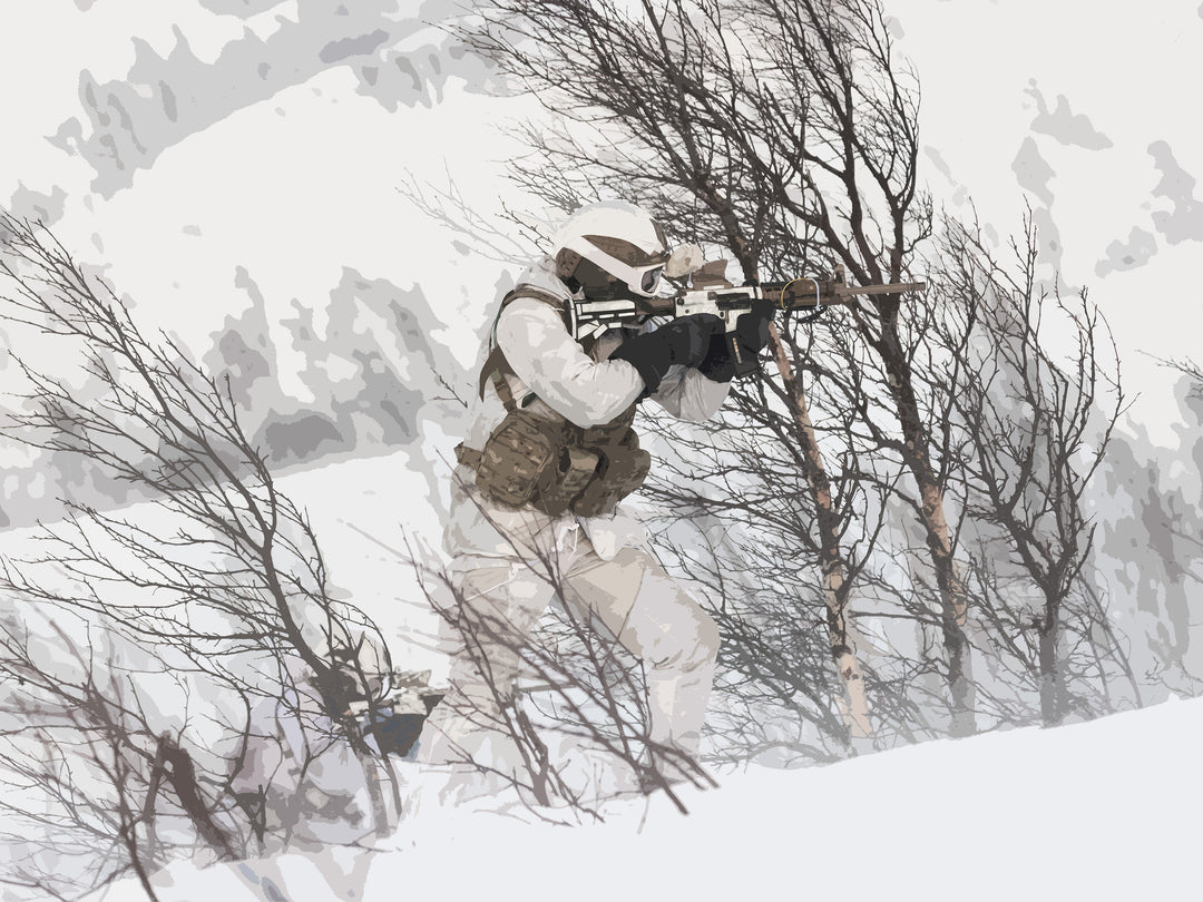 Royal Marines Commando firing in the snow artwork Print - Canvas - Framed Print - Hampshire Prints