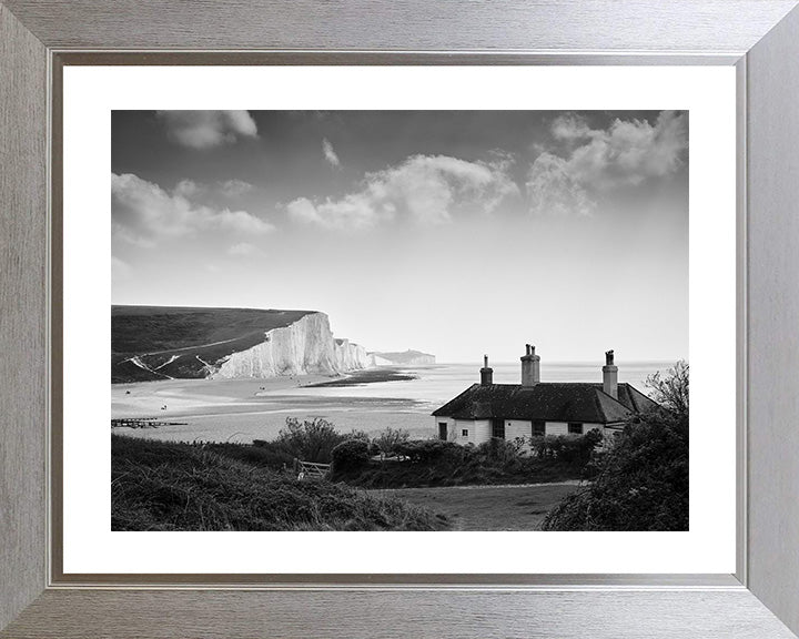 Seven Sisters cliffs and cottage East Sussex black and white Photo Print - Canvas - Framed Photo Print - Hampshire Prints