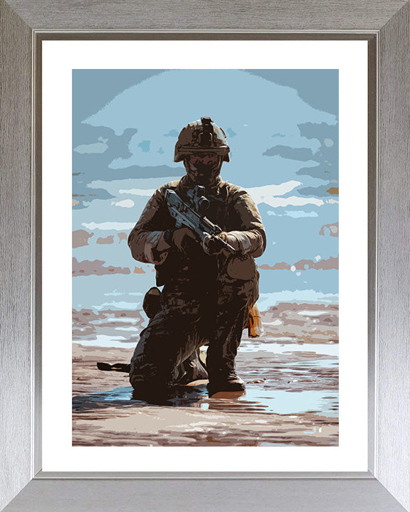 Royal Marines Commando kneeling on a beach artwork Print - Canvas - Framed Print - Hampshire Prints