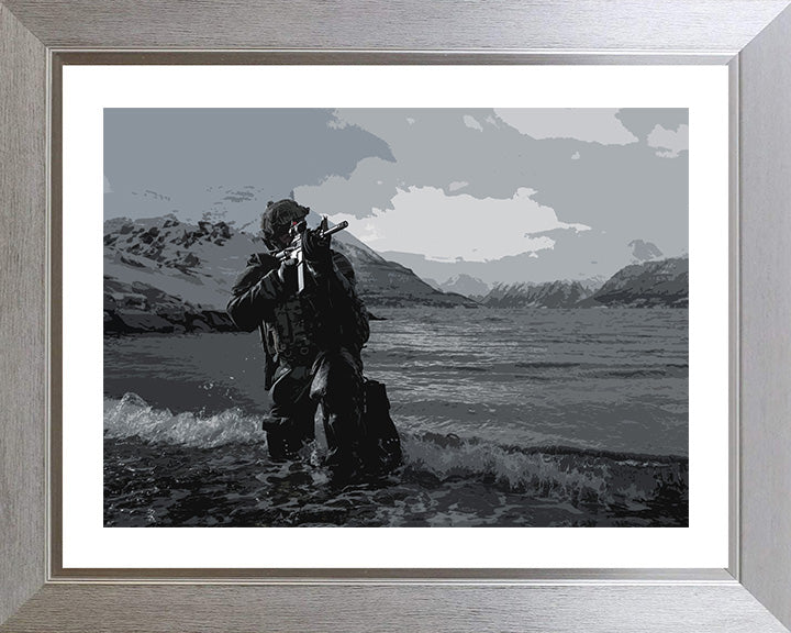Royal Marines Commando aiming his weapon on a beach artwork Print - Canvas - Framed Print - Hampshire Prints