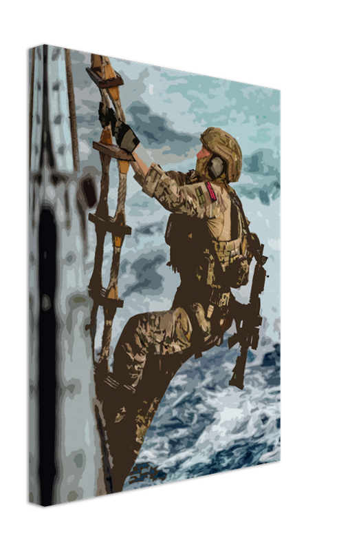 Royal Marines Commando climbing a rope ladder artwork Print - Canvas - Framed Print - Hampshire Prints