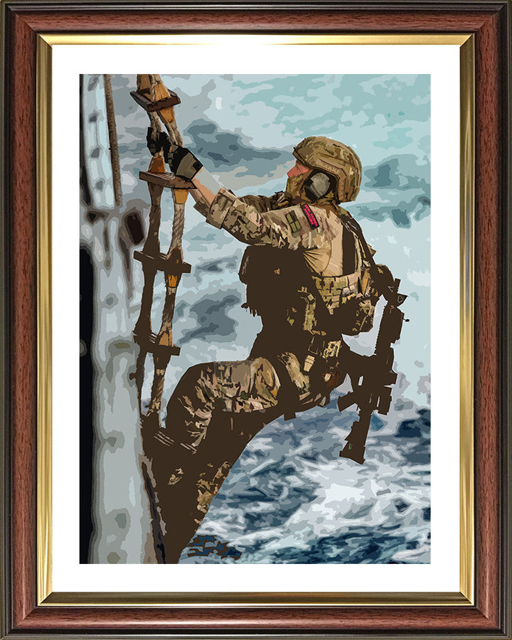 Royal Marines Commando climbing a rope ladder artwork Print - Canvas - Framed Print - Hampshire Prints