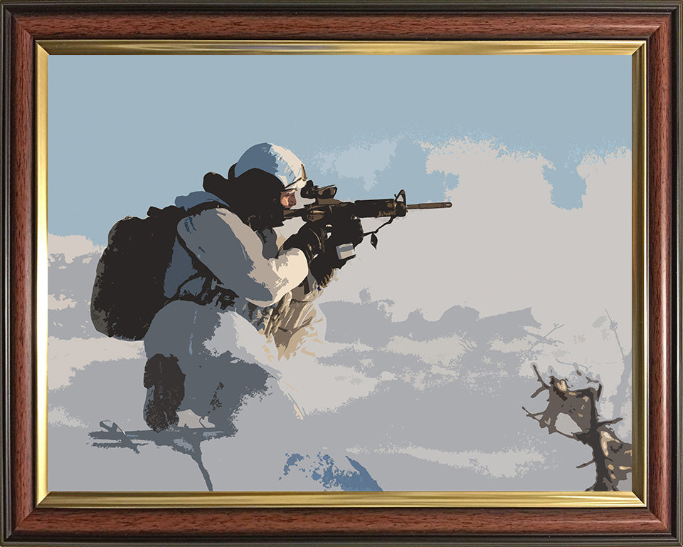 Royal Marines Commando firing in a snowsuit artwork Print - Canvas - Framed Print - Hampshire Prints