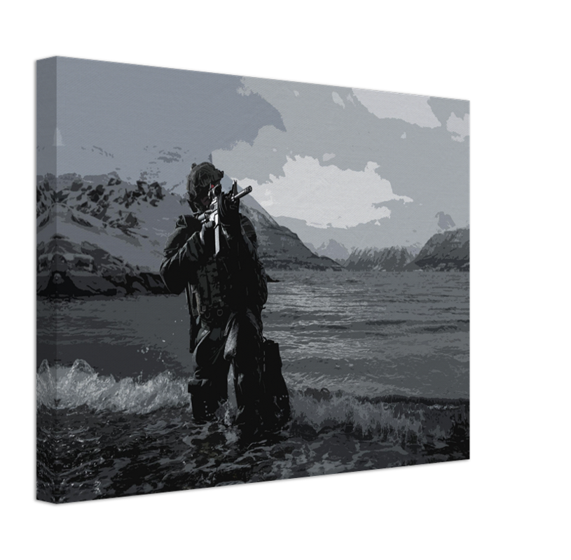 Royal Marines Commando aiming his weapon on a beach artwork Print - Canvas - Framed Print - Hampshire Prints
